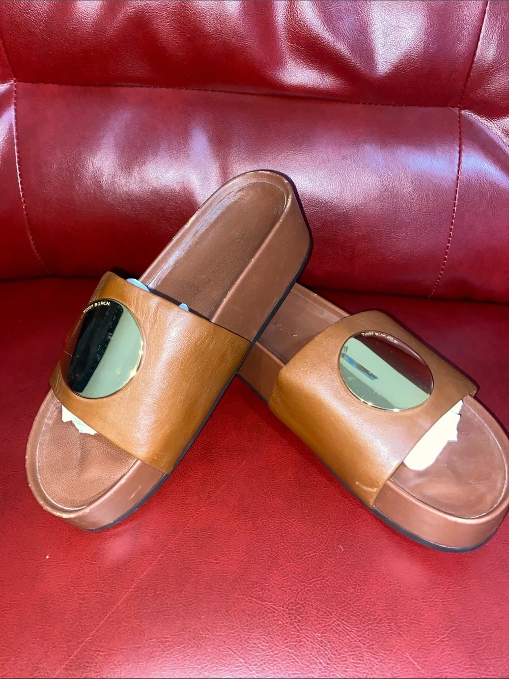 Tory Burch Brown Leather Platform Slide Sandals with Gold Accent